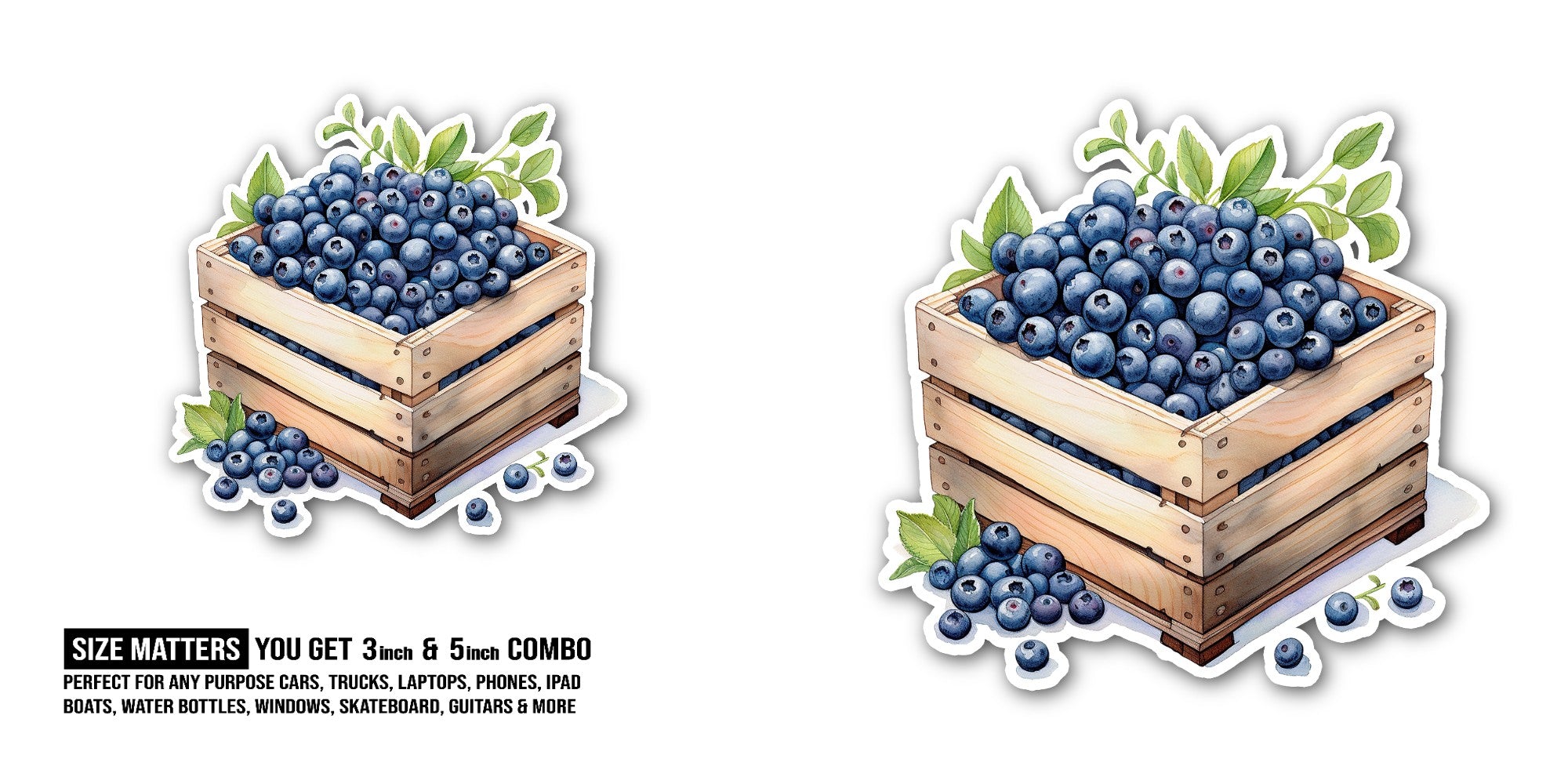 crate filled with blueberries Sticker, Waterproof Vinyl Decal Sticker Indoor Or Outdoor 2 (Pieces) 3" and 5"