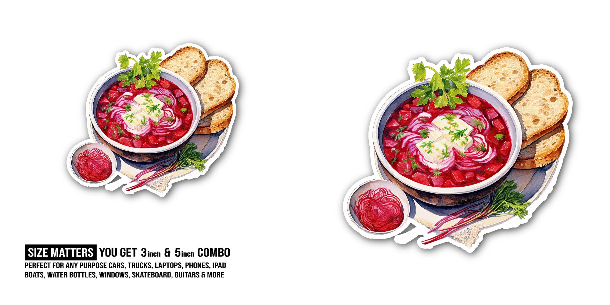 A Bowl Of Soup Sticker, Waterproof Vinyl Decal Sticker Indoor Or Outdoor 2 (Pieces) 3" and 5"