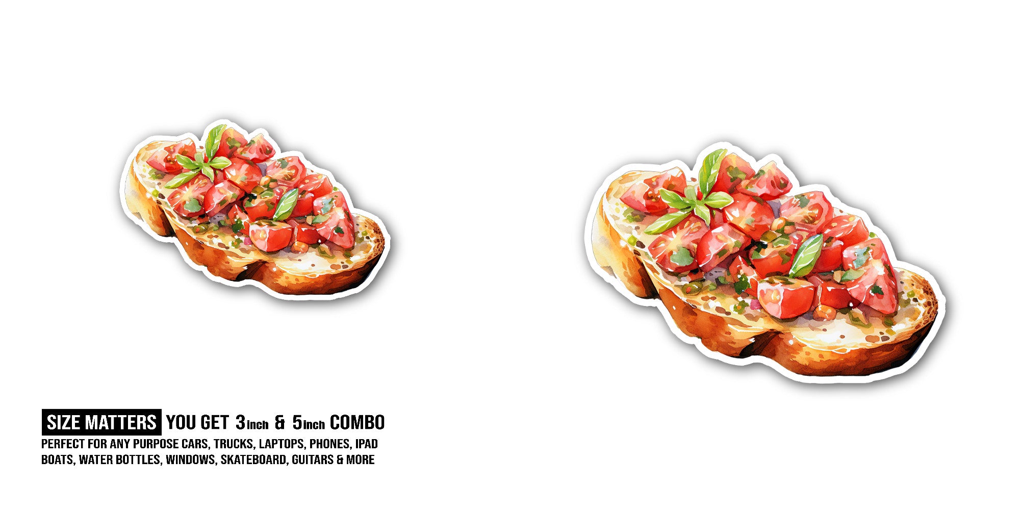 Tasty Tomato Bruschetta Sticker, Waterproof Vinyl Decal Sticker Indoor Or Outdoor 2 (Pieces) 3" and 5"