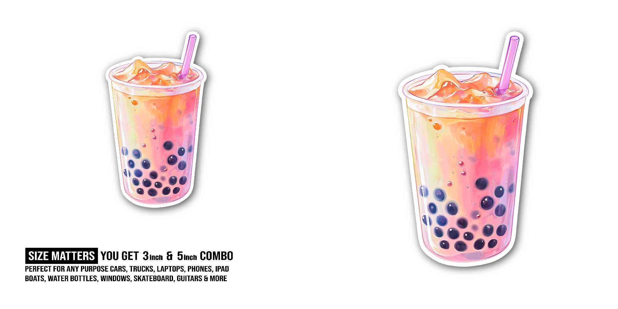 Yummy Bubble Tea Sticker, Waterproof Vinyl Decal Sticker Indoor Or Outdoor 2 (Pieces) 3" and 5"