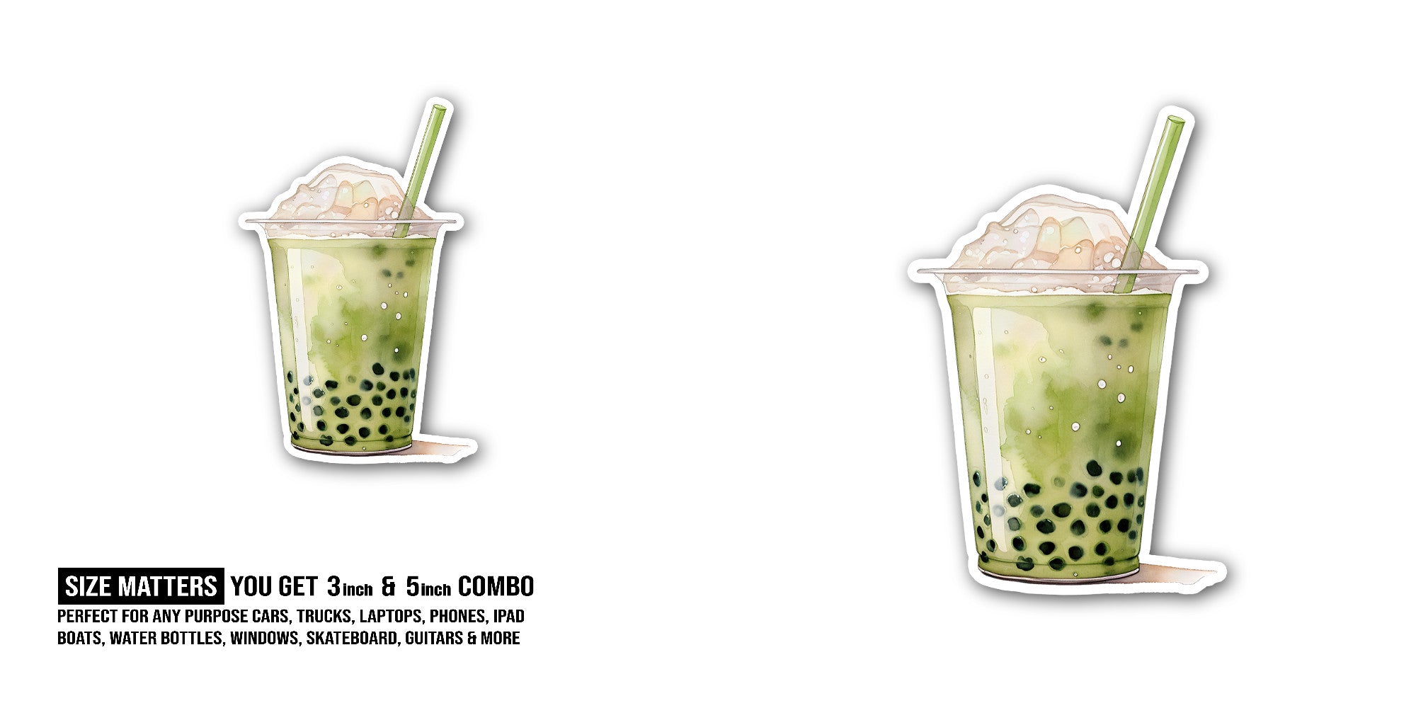 Matcha Green Bubble Tea Sticker, Waterproof Vinyl Decal Sticker Indoor Or Outdoor 2 (Pieces) 3" and 5"