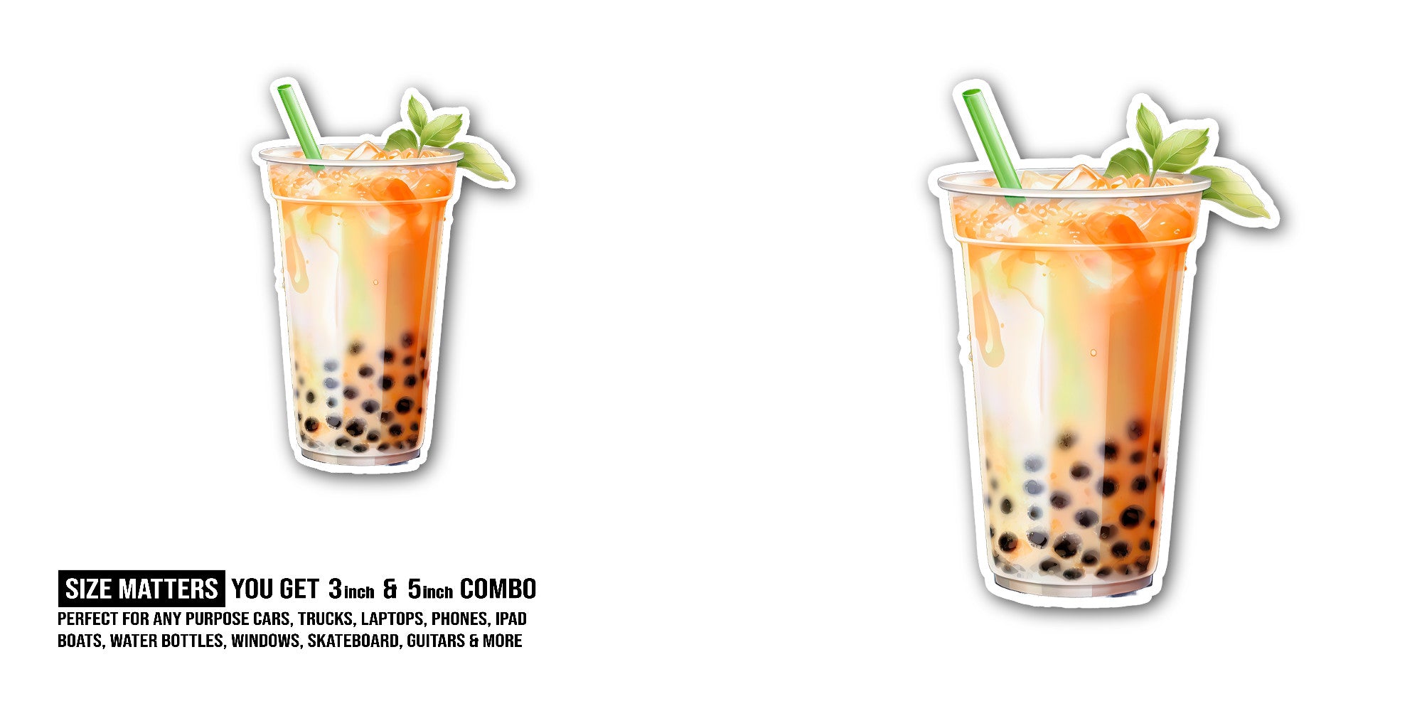 Orange Bubble Tea Sticker, Waterproof Vinyl Decal Sticker Indoor Or Outdoor 2 (Pieces) 3" and 5"