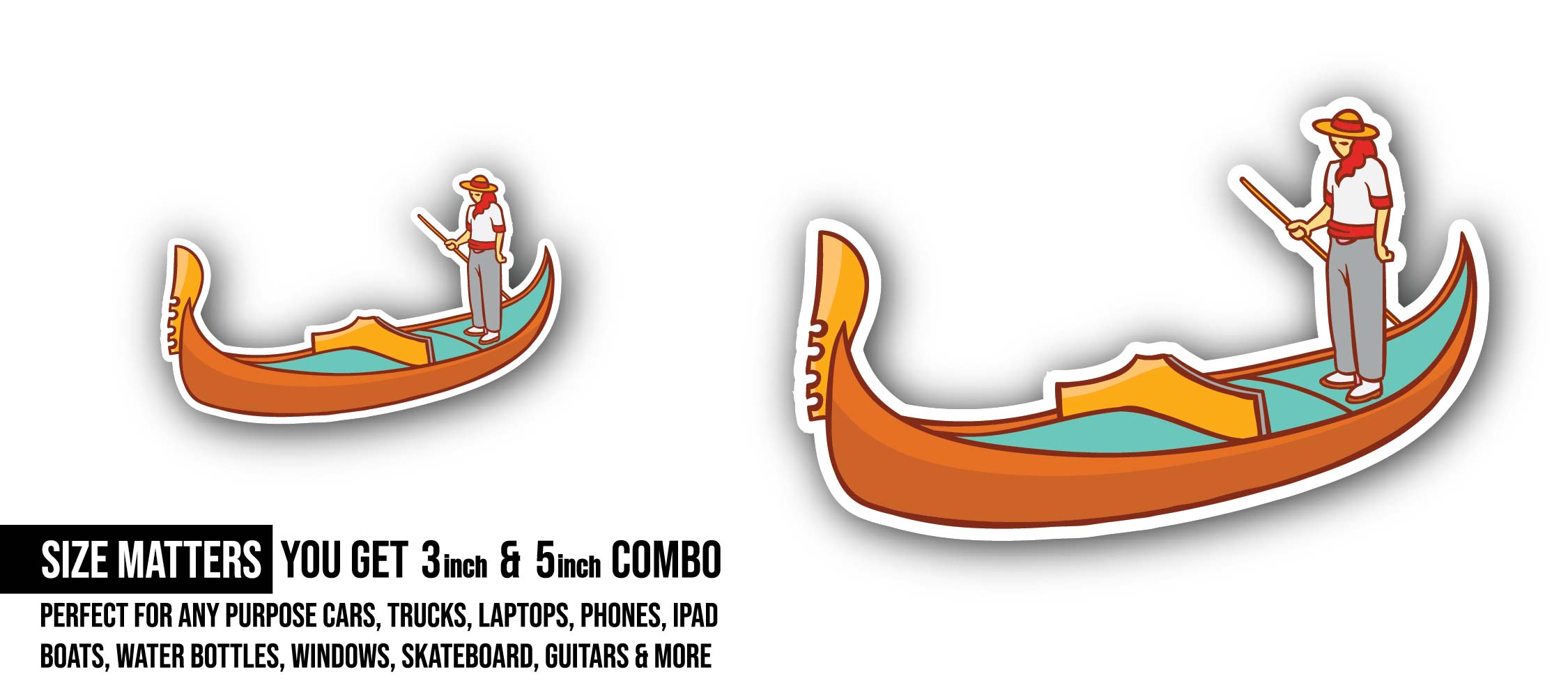 Venice Boat Sticker, Waterproof Vinyl Decal Sticker Indoor Or Outdoor 2 (Pieces) 3" and 5"