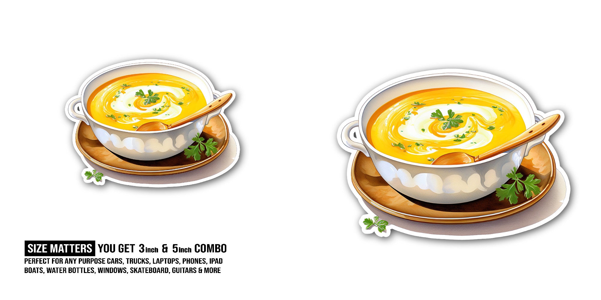 Cream Of Pumpkin Soup Sticker, Waterproof Vinyl Decal Sticker Indoor Or Outdoor 2 (Pieces) 3" and 5"