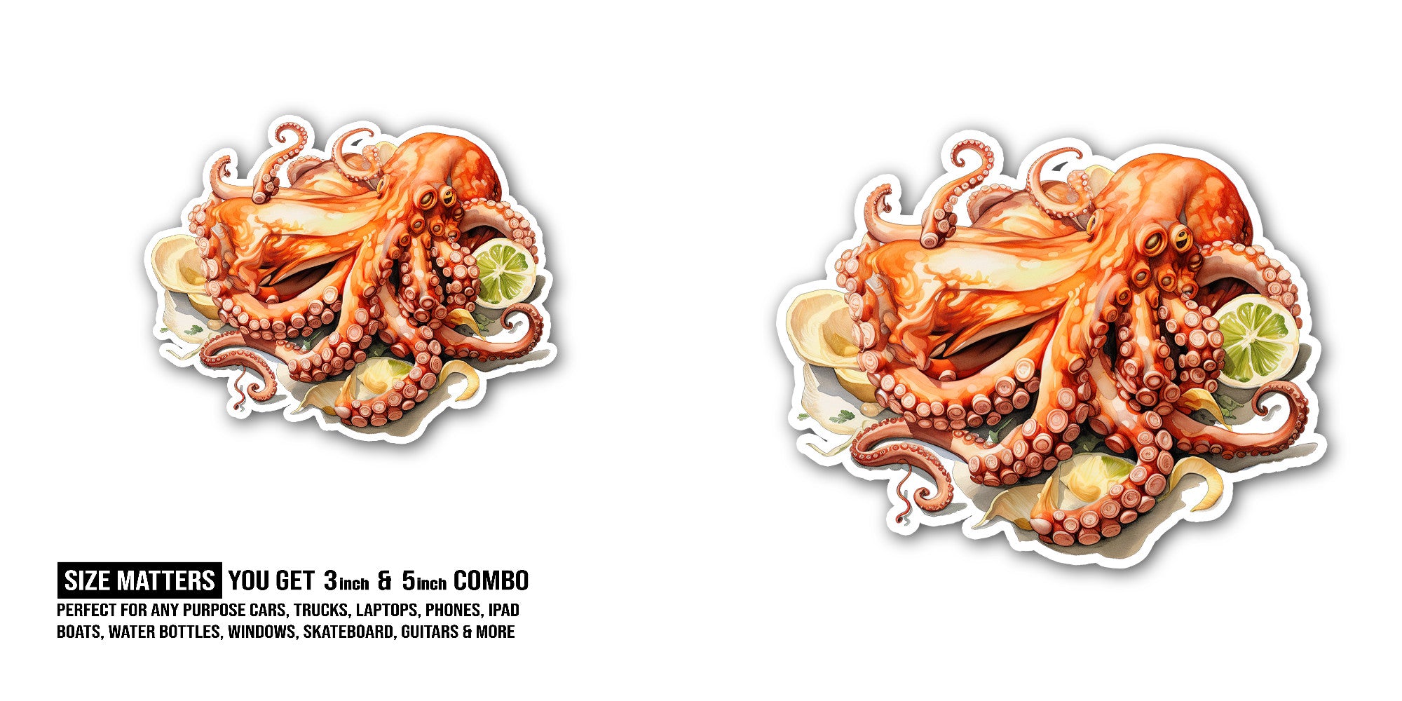 Octopus Curry Sticker, Waterproof Vinyl Decal Sticker Indoor Or Outdoor 2 (Pieces) 3" and 5"
