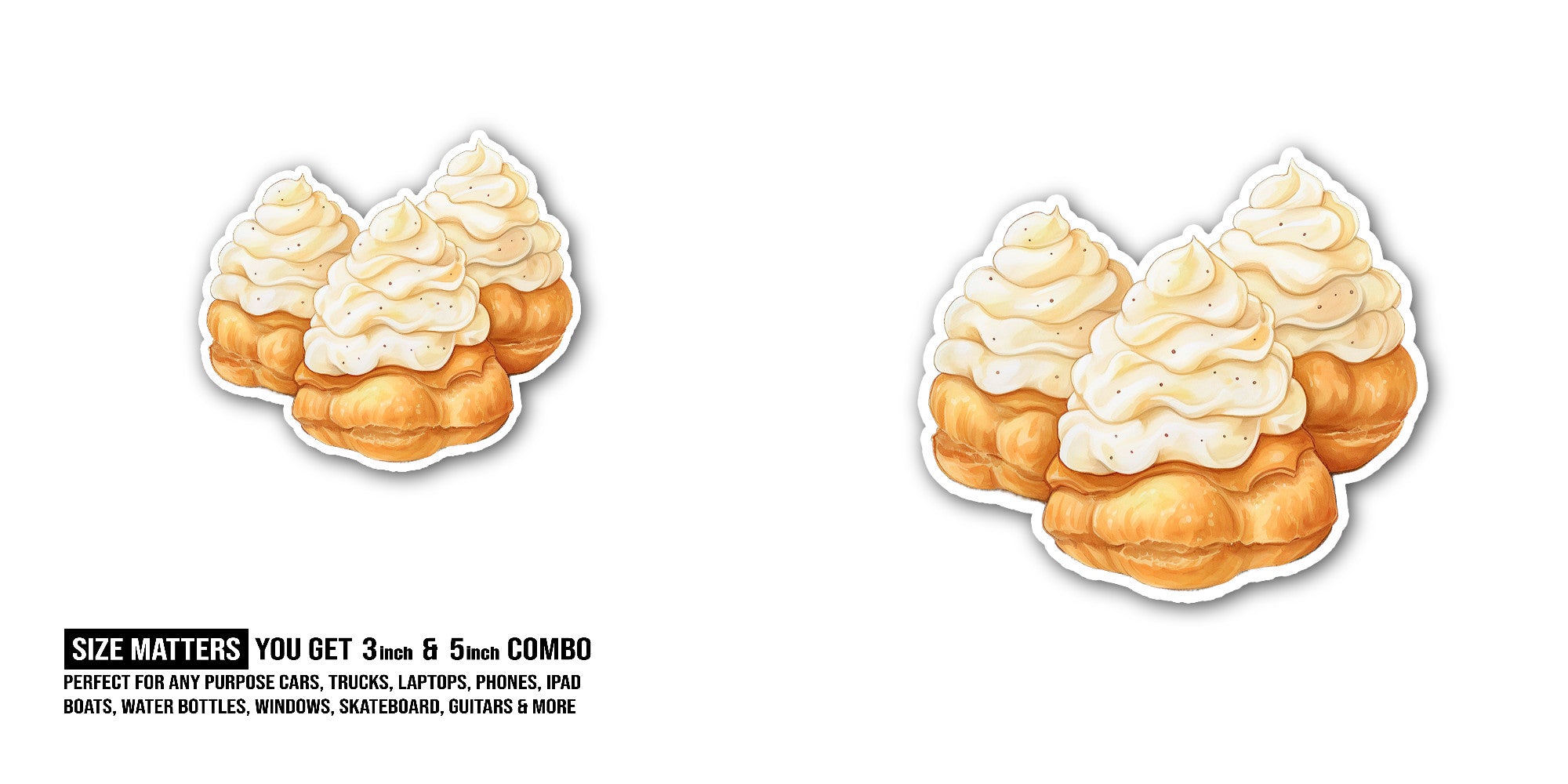 Yummy Cream Puffs Sticker, Waterproof Vinyl Decal Sticker Indoor Or Outdoor 2 (Pieces) 3" and 5"