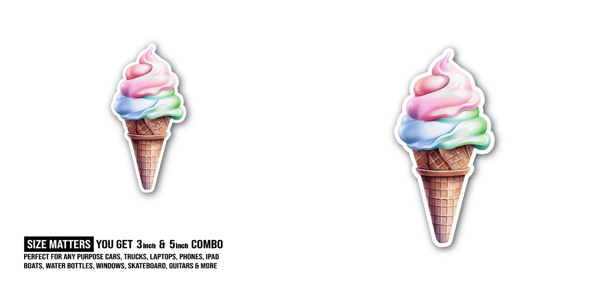 Colorful Yummy ice cream  Sticker, Waterproof Vinyl Decal Sticker Indoor Or Outdoor 2 (Pieces) 3" and 5"