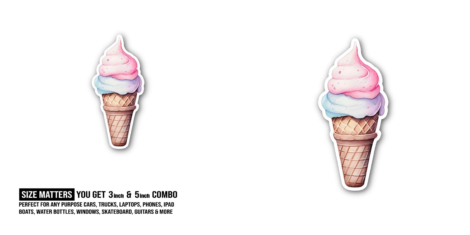 Cute Yummy Ice Cream Sticker, Waterproof Vinyl Decal Sticker Indoor Or Outdoor 2 (Pieces) 3" and 5"