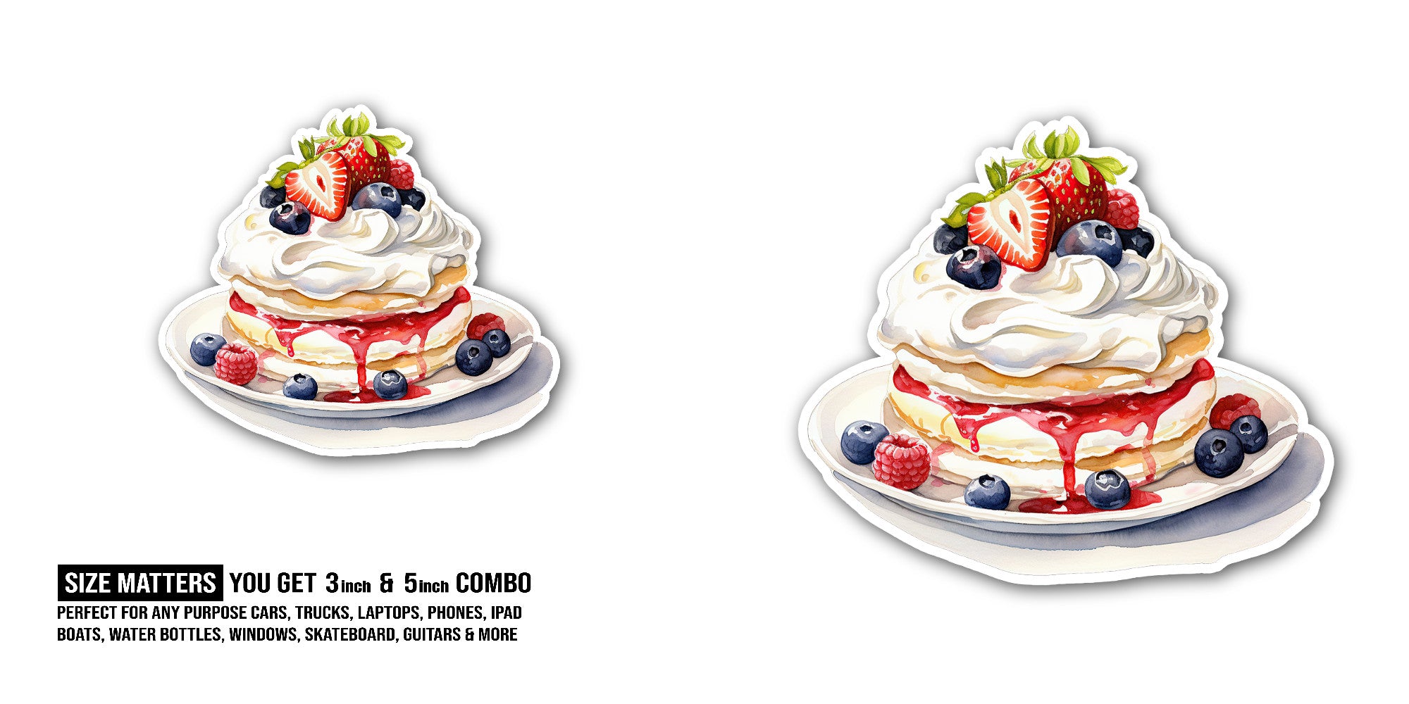 Yummy Pavlova cake Sticker, Waterproof Vinyl Decal Sticker Indoor Or Outdoor 2 (Pieces) 3" and 5"