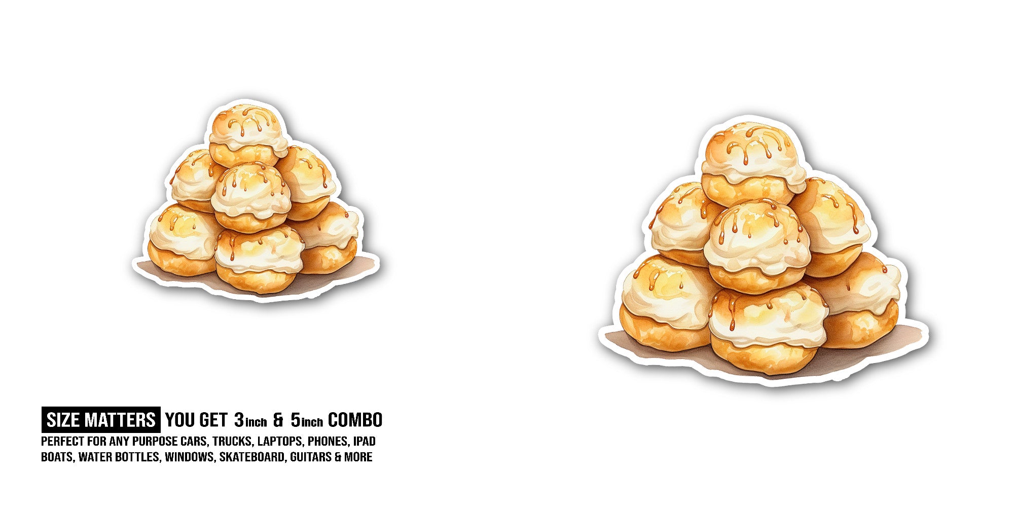 Tasty Cream Puffs Sticker, Waterproof Vinyl Decal Sticker Indoor Or Outdoor 2 (Pieces) 3" and 5"