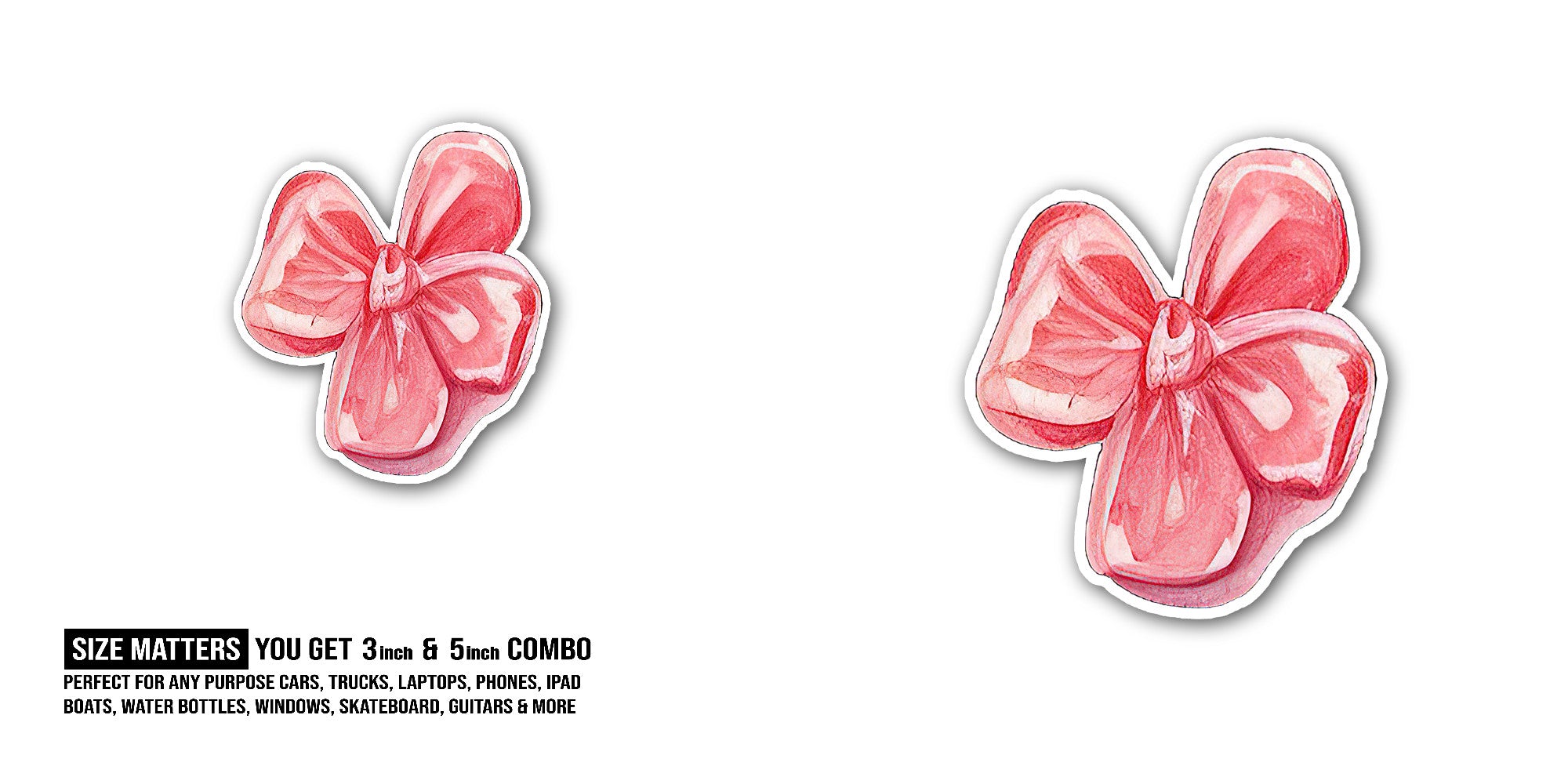 Pink Beautiful bow Sticker, Waterproof Vinyl Decal Sticker Indoor Or Outdoor 2 (Pieces) 3" and 5"