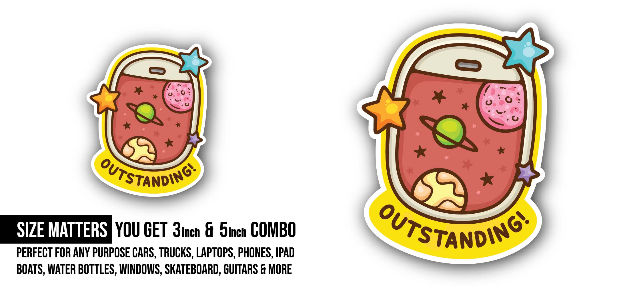 Planet Sticker, Waterproof Vinyl Decal Sticker Indoor Or Outdoor 2 (Pieces) 3" and 5"