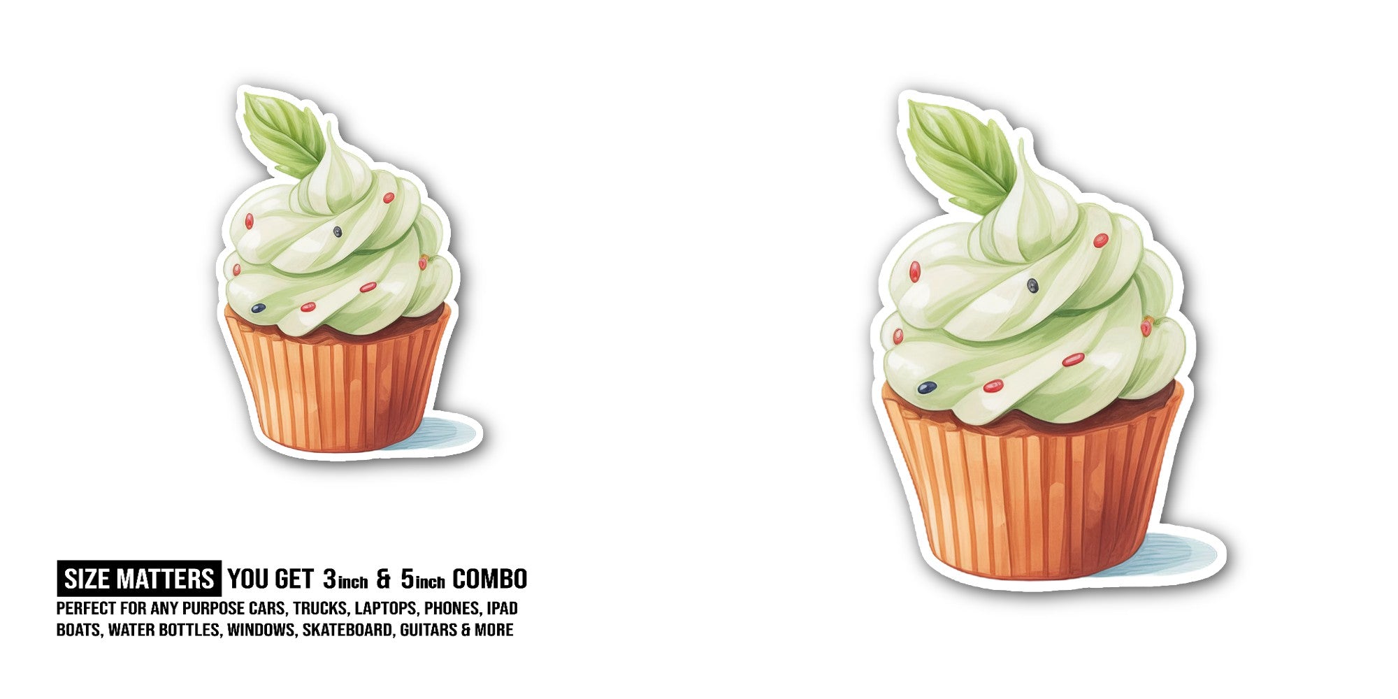 Green Colour Yummy Cupcake Sticker, Waterproof Vinyl Decal Sticker Indoor Or Outdoor 2 (Pieces) 3" and 5"