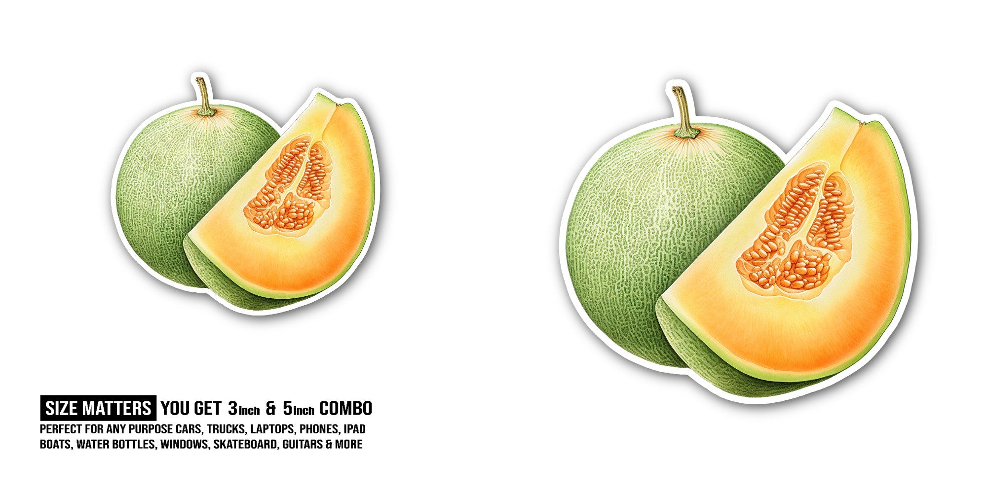 Fruit Cantaloupe Melon Sticker, Waterproof Vinyl Decal Sticker Indoor Or Outdoor 2 (Pieces) 3" and 5"