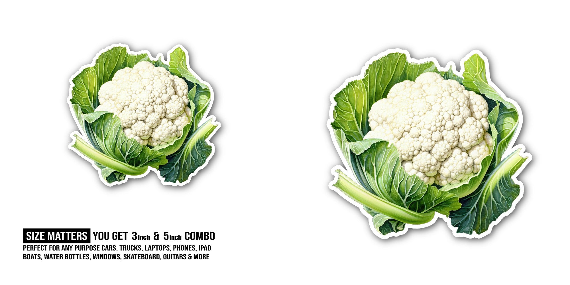 Cauliflower Sticker, Waterproof Vinyl Decal Sticker Indoor Or Outdoor 2 (Pieces) 3" and 5"