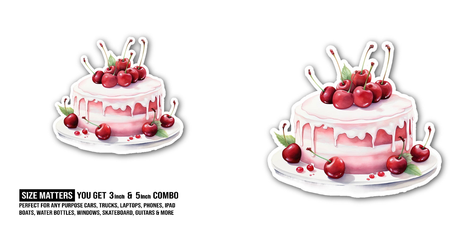 Cherry Birthday cake Sticker, Waterproof Vinyl Decal Sticker Indoor Or Outdoor 2 (Pieces) 3" and 5"