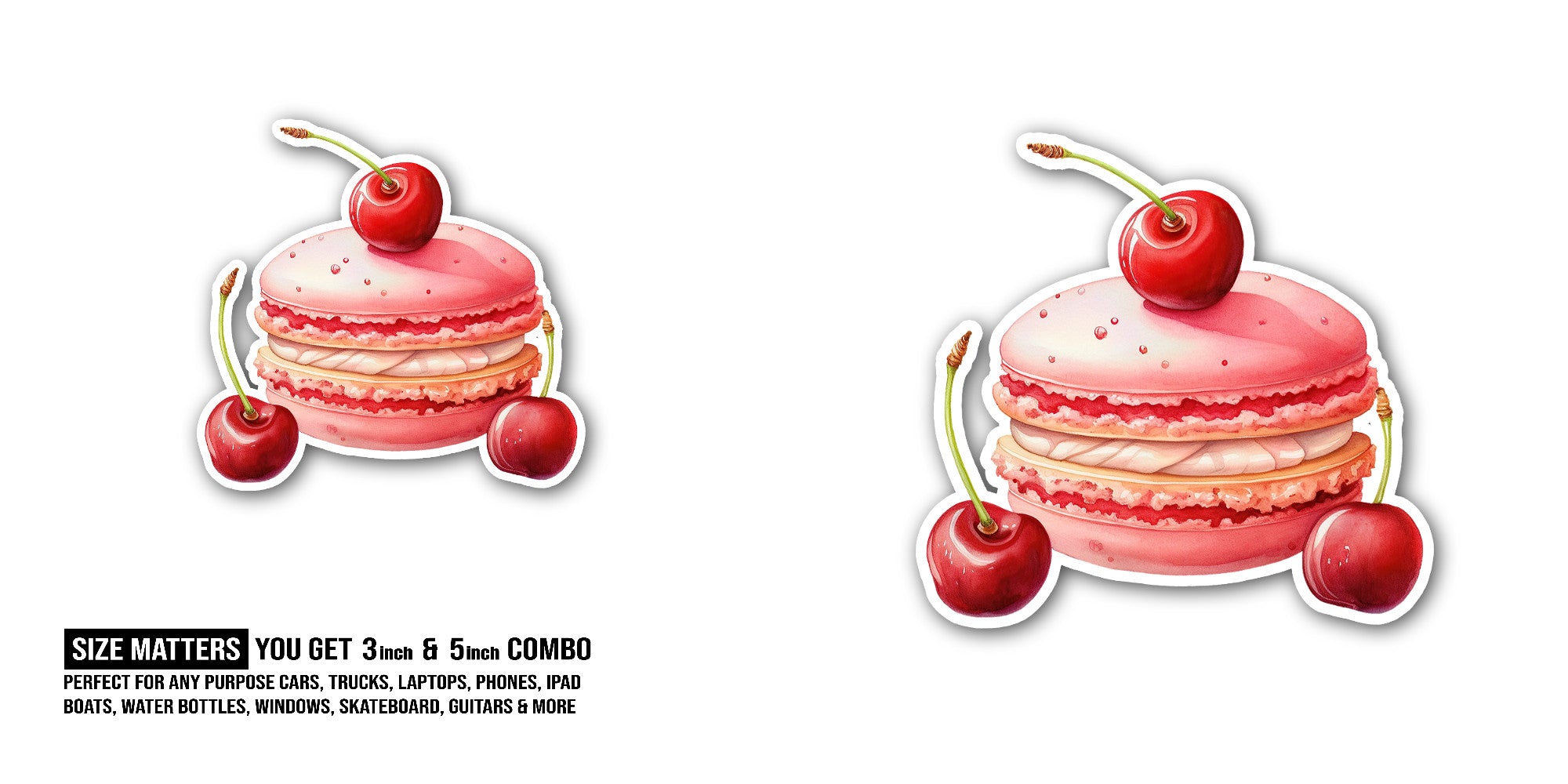Cherry Macaron Sticker, Waterproof Vinyl Decal Sticker Indoor Or Outdoor 2 (Pieces) 3" and 5"