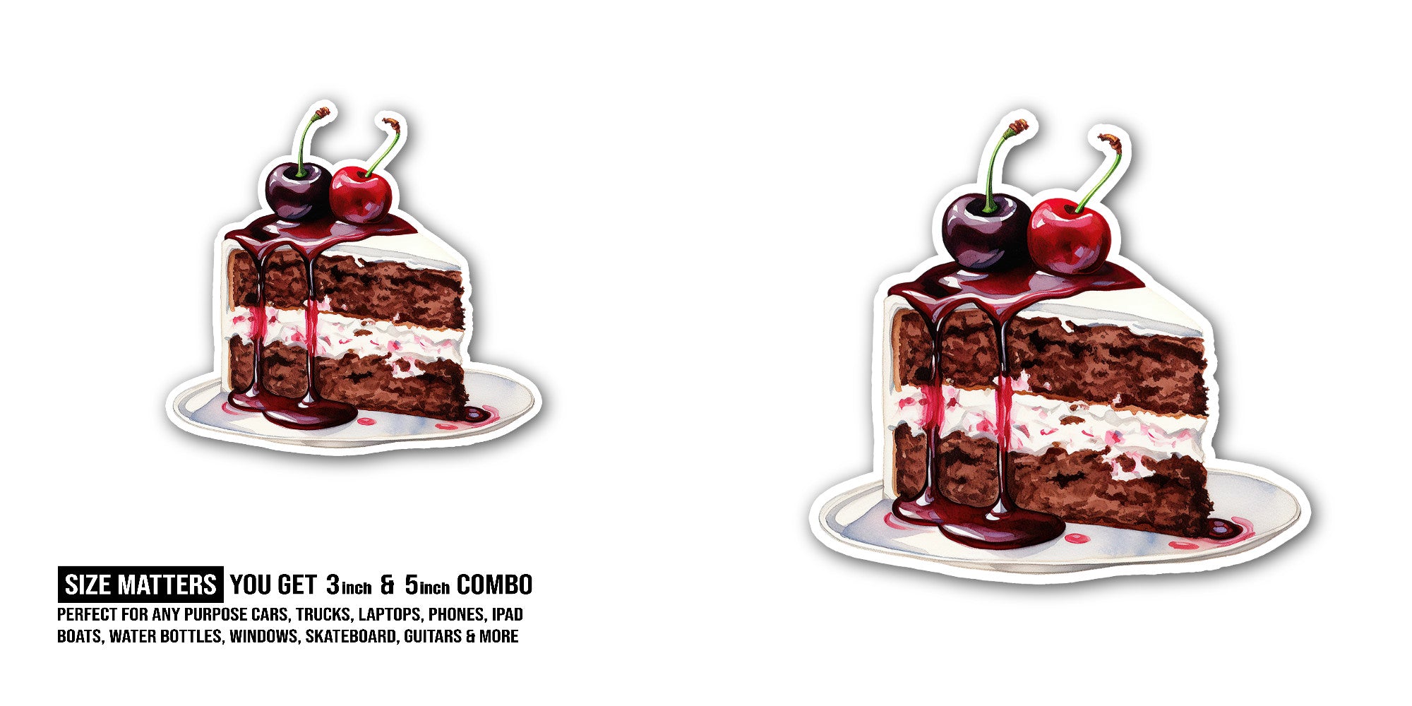 Chocolate Cherry Cake Slice Sticker, Waterproof Vinyl Decal Sticker Indoor Or Outdoor 2 (Pieces) 3" and 5"