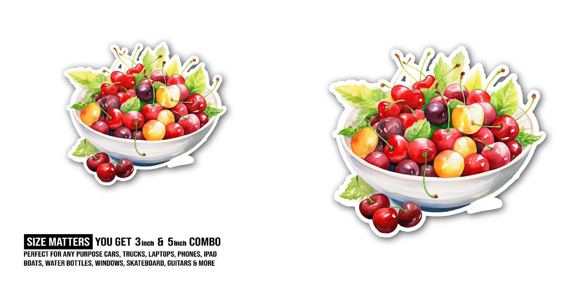 Cherry bowl Sticker, Waterproof Vinyl Decal Sticker Indoor Or Outdoor 2 (Pieces) 3" and 5"