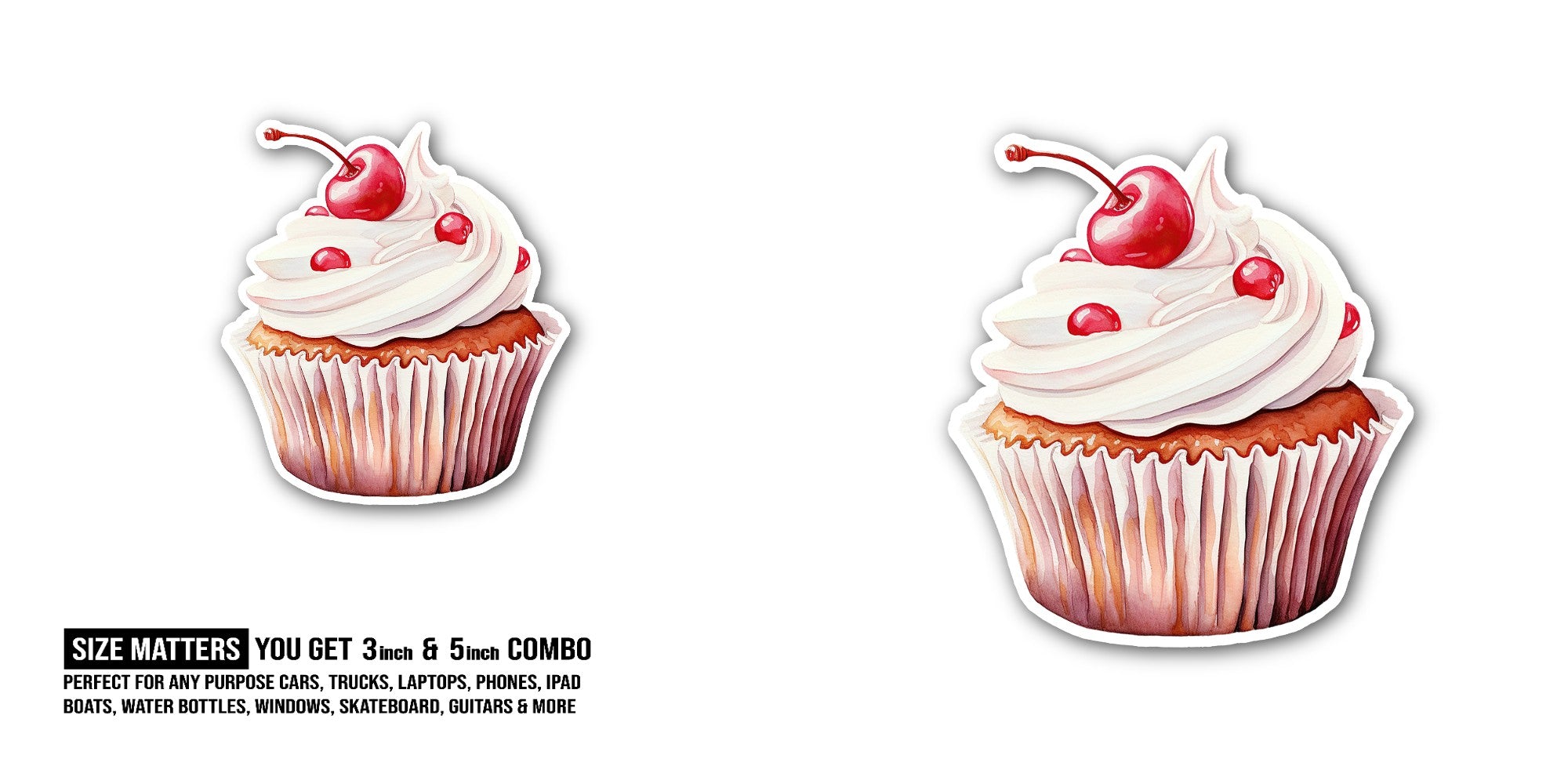 Cupcake with cherry Sticker, Waterproof Vinyl Decal Sticker Indoor Or Outdoor 2 (Pieces) 3" and 5"