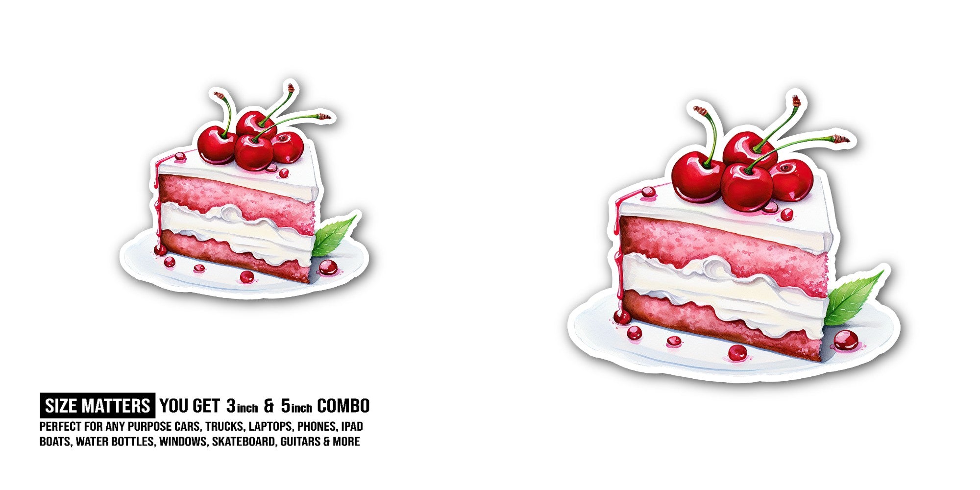 Cake With Cream And Cherries Sticker, Waterproof Vinyl Decal Sticker Indoor Or Outdoor 2 (Pieces) 3" and 5"