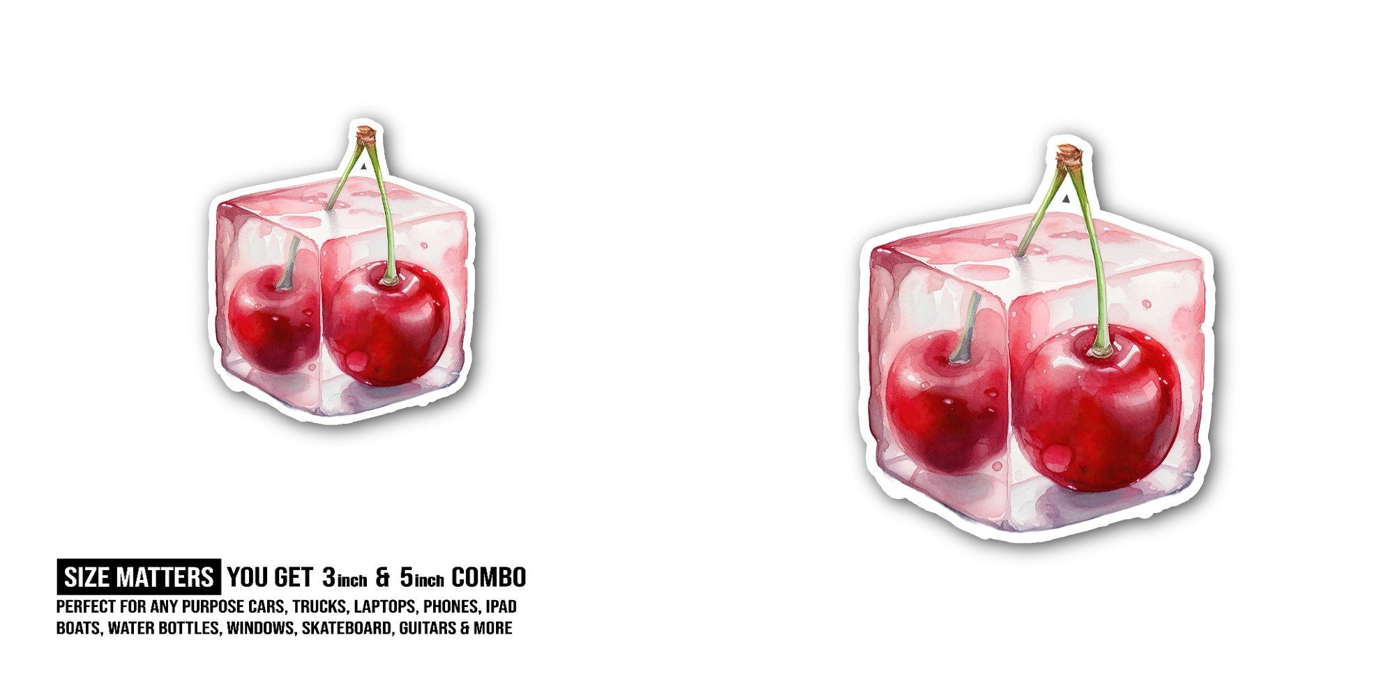 Cherry ice cube Sticker, Waterproof Vinyl Decal Sticker Indoor Or Outdoor 2 (Pieces) 3" and 5"