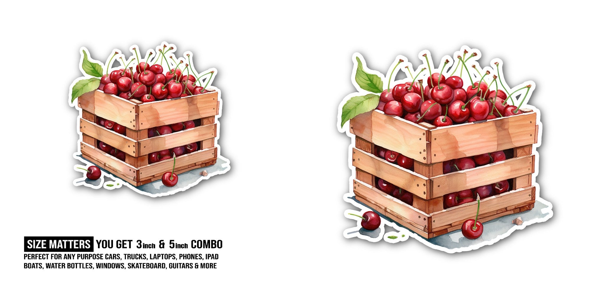 Cherry fruit box  Sticker, Waterproof Vinyl Decal Sticker Indoor Or Outdoor 2 (Pieces) 3" and 5"