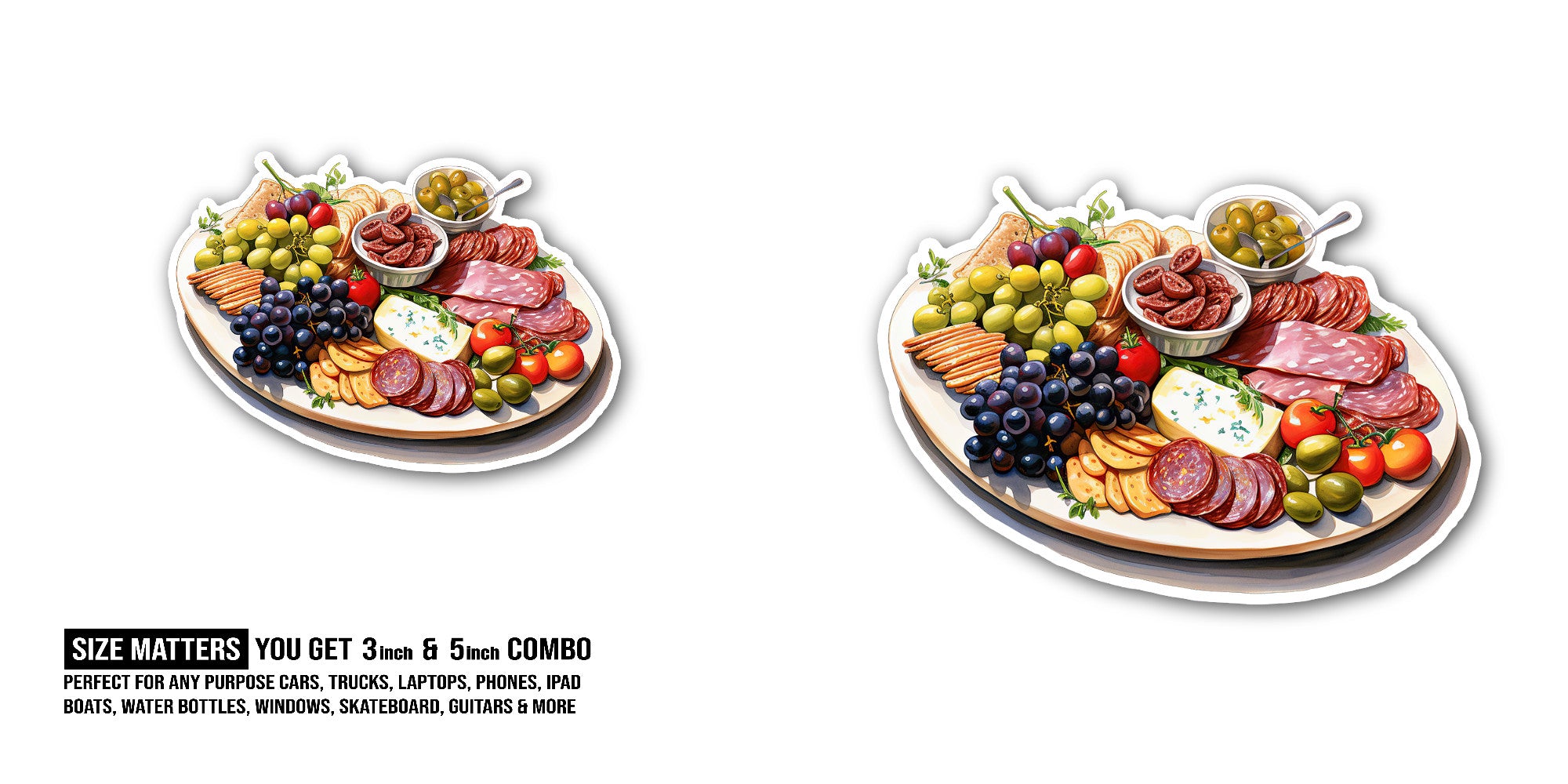 Platter  of cured meats Sticker, Waterproof Vinyl Decal Sticker Indoor Or Outdoor 2 (Pieces) 3" and 5"