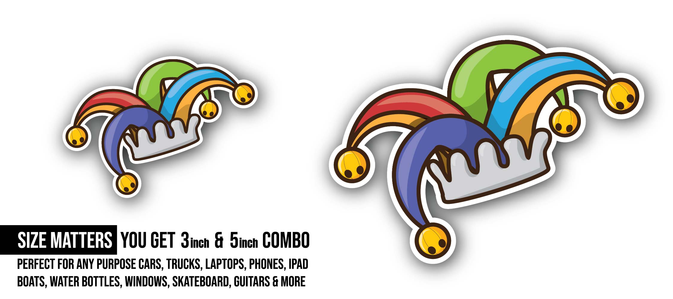 Joker Jester Clown Hat Sticker, Waterproof Vinyl Decal Sticker Indoor Or Outdoor 2 (Pieces) 3" and 5"
