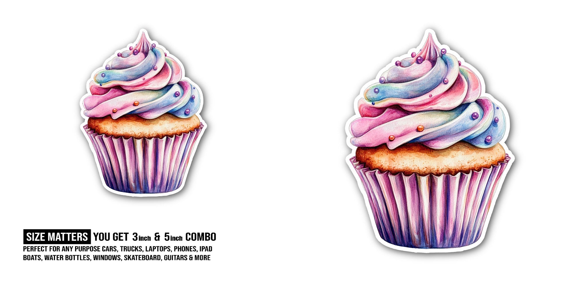 Pink cupcake  Sticker, Waterproof Vinyl Decal Sticker Indoor Or Outdoor 2 (Pieces) 3" and 5"