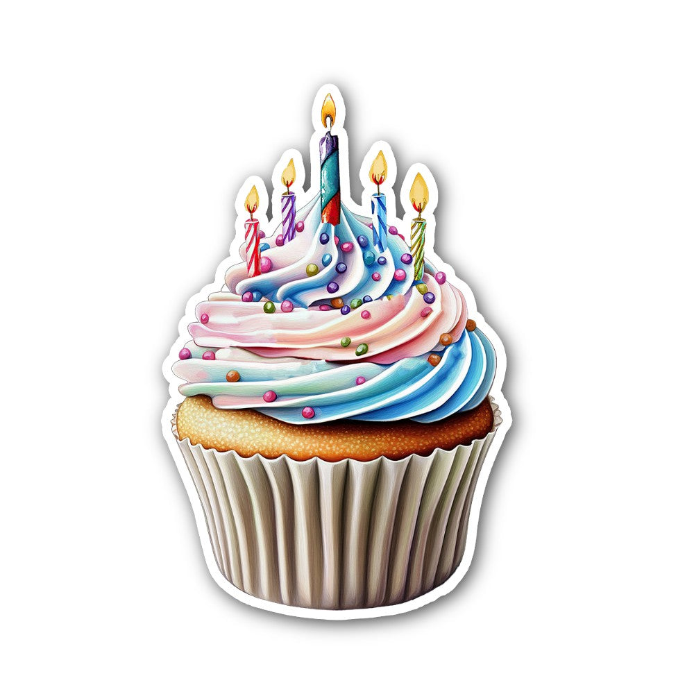 Cupcake with lit candles Sticker, Waterproof Vinyl Decal Sticker Indoor Or Outdoor 2 (Pieces) 3" and 5"