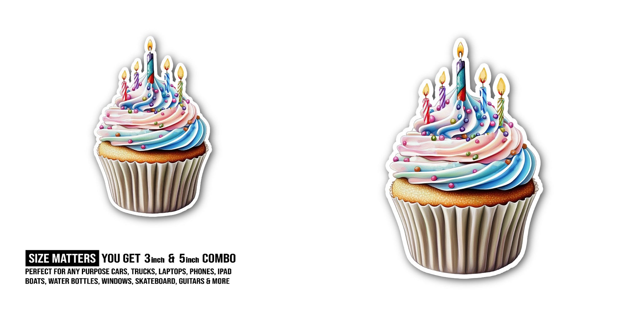 Cupcake with lit candles Sticker, Waterproof Vinyl Decal Sticker Indoor Or Outdoor 2 (Pieces) 3" and 5"