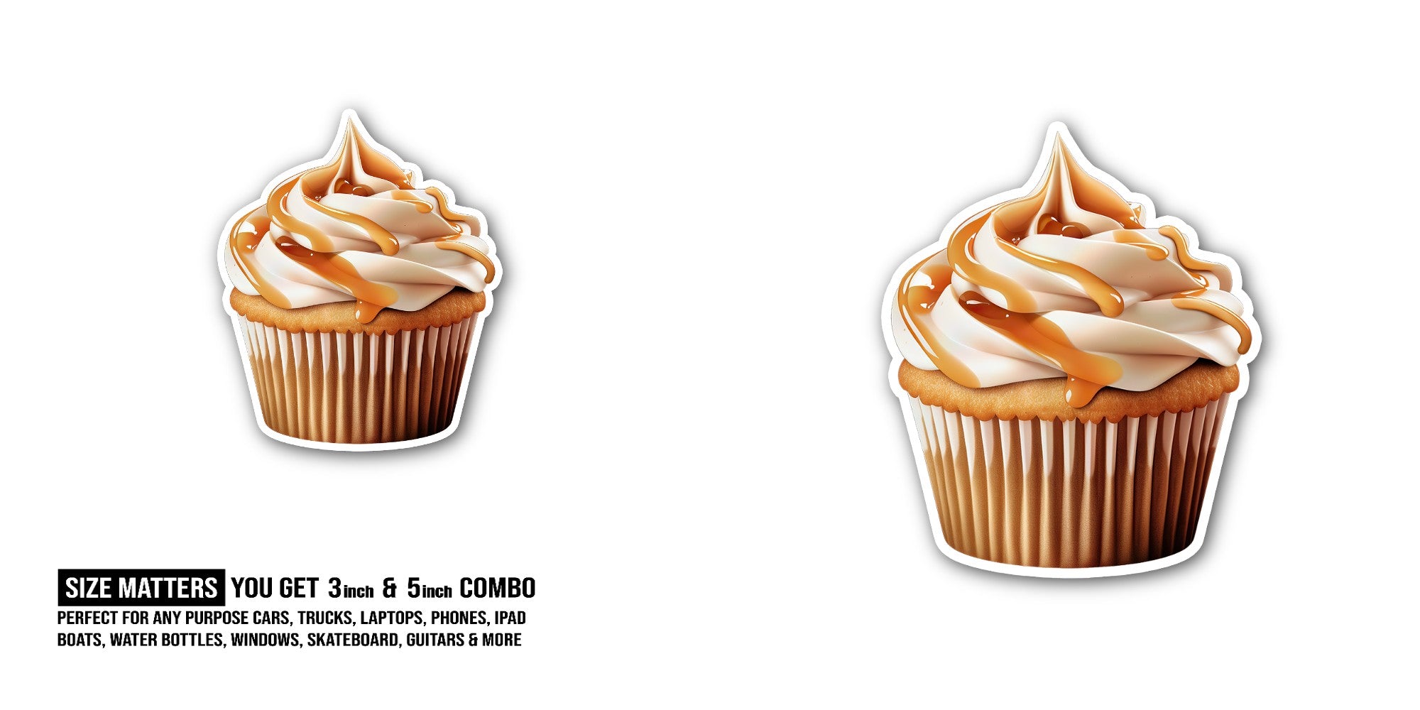 Caramel cupcake Sticker, Waterproof Vinyl Decal Sticker Indoor Or Outdoor 2 (Pieces) 3" and 5"
