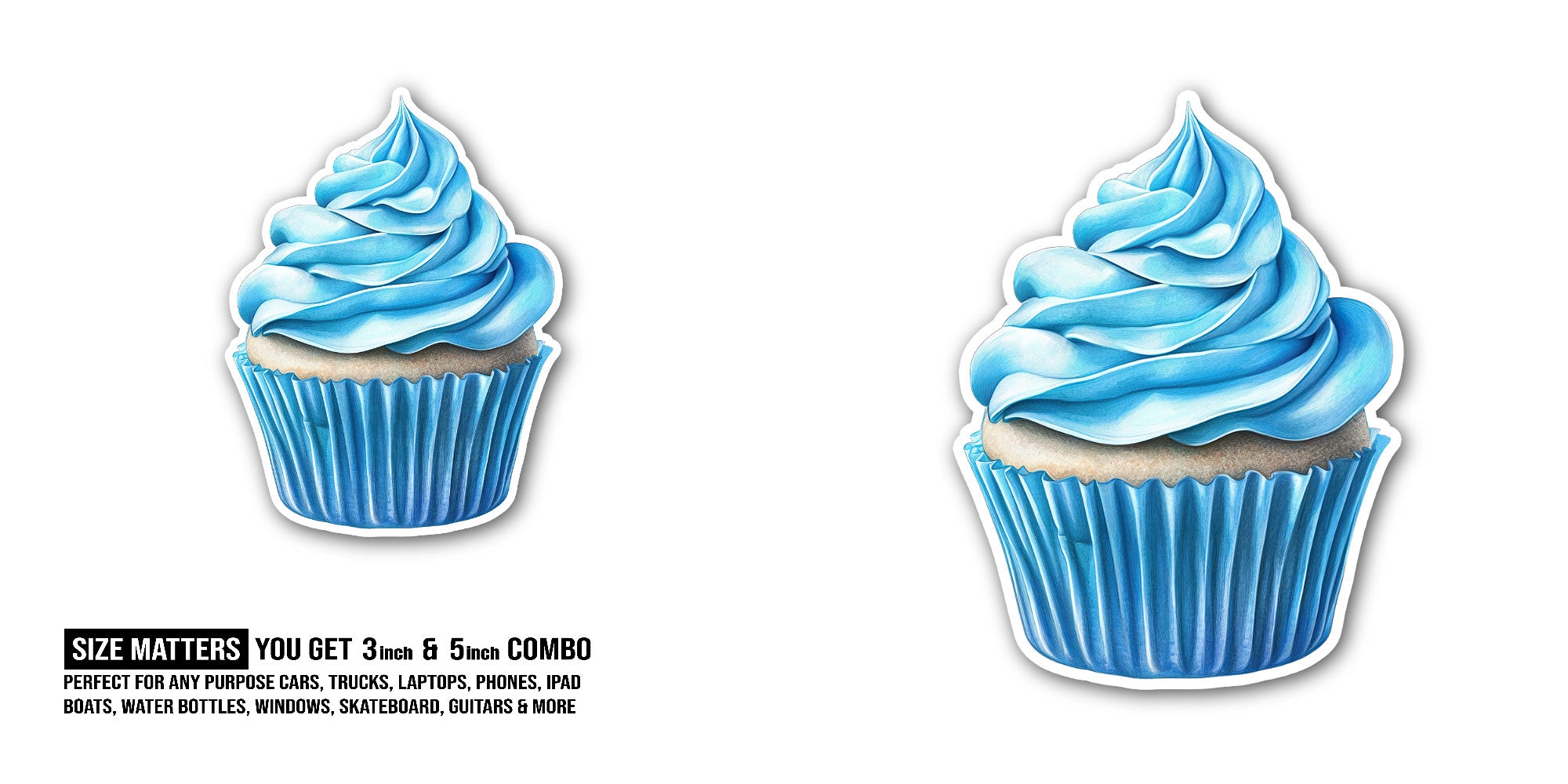 Blue cupcake Sticker, Waterproof Vinyl Decal Sticker Indoor Or Outdoor 2 (Pieces) 3" and 5"
