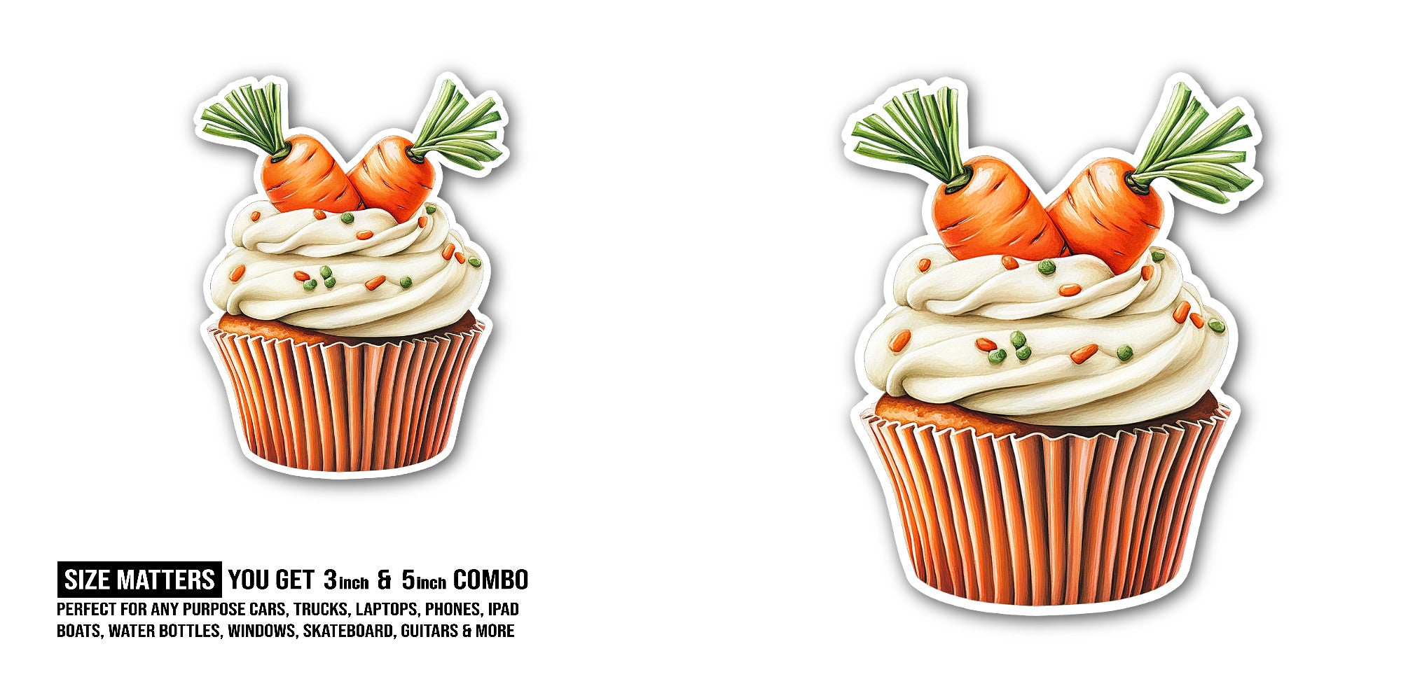 Carrot cake cupcake Sticker, Waterproof Vinyl Decal Sticker Indoor Or Outdoor 2 (Pieces) 3" and 5"