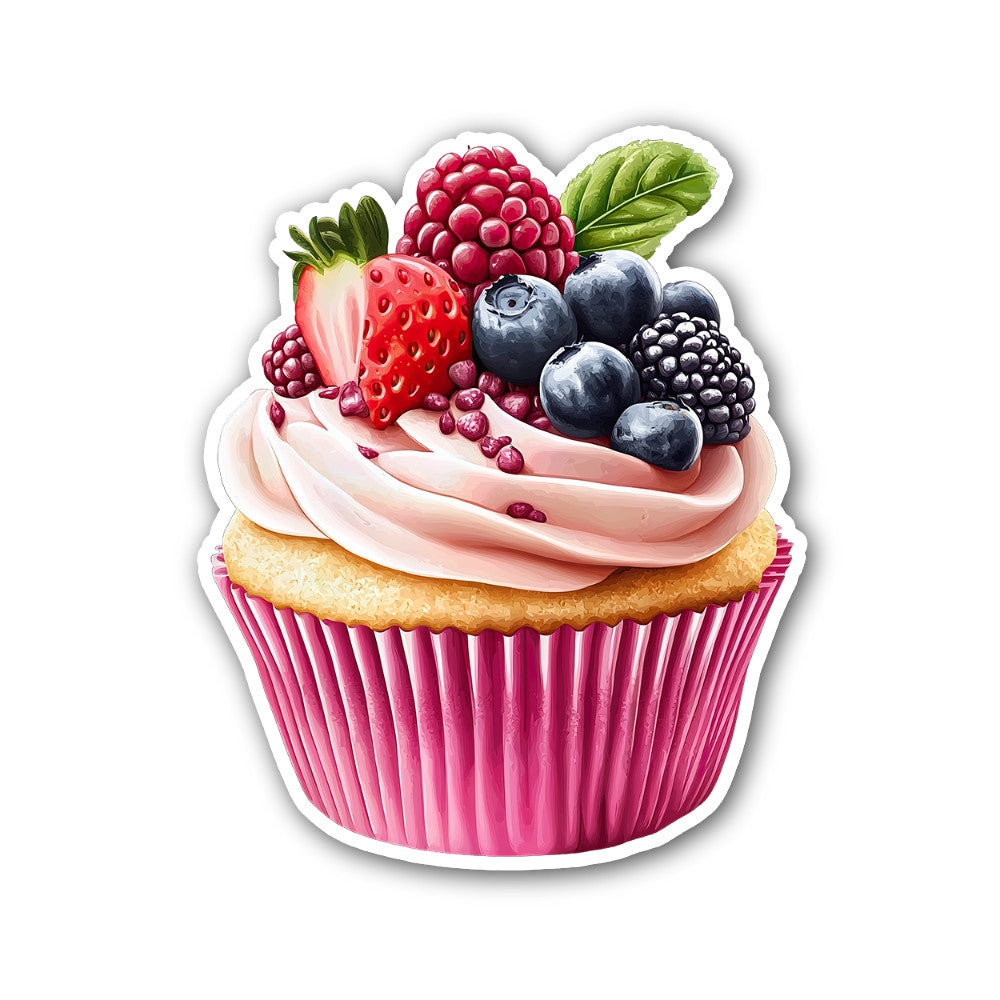 Cupcake topped with berries Sticker, Waterproof Vinyl Decal Sticker Indoor Or Outdoor 2 (Pieces) 3" and 5"