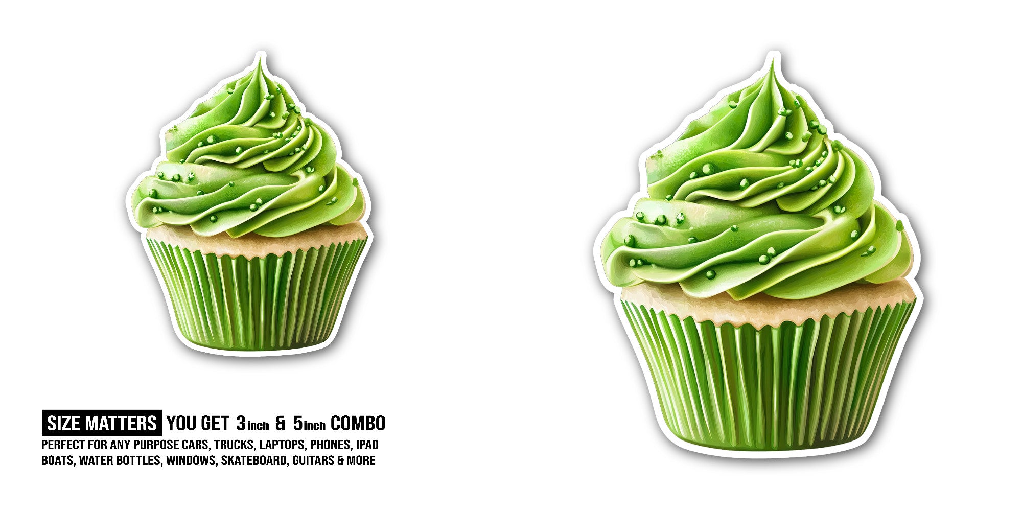 Matcha Cupcake Sticker, Waterproof Vinyl Decal Sticker Indoor Or Outdoor 2 (Pieces) 3" and 5"