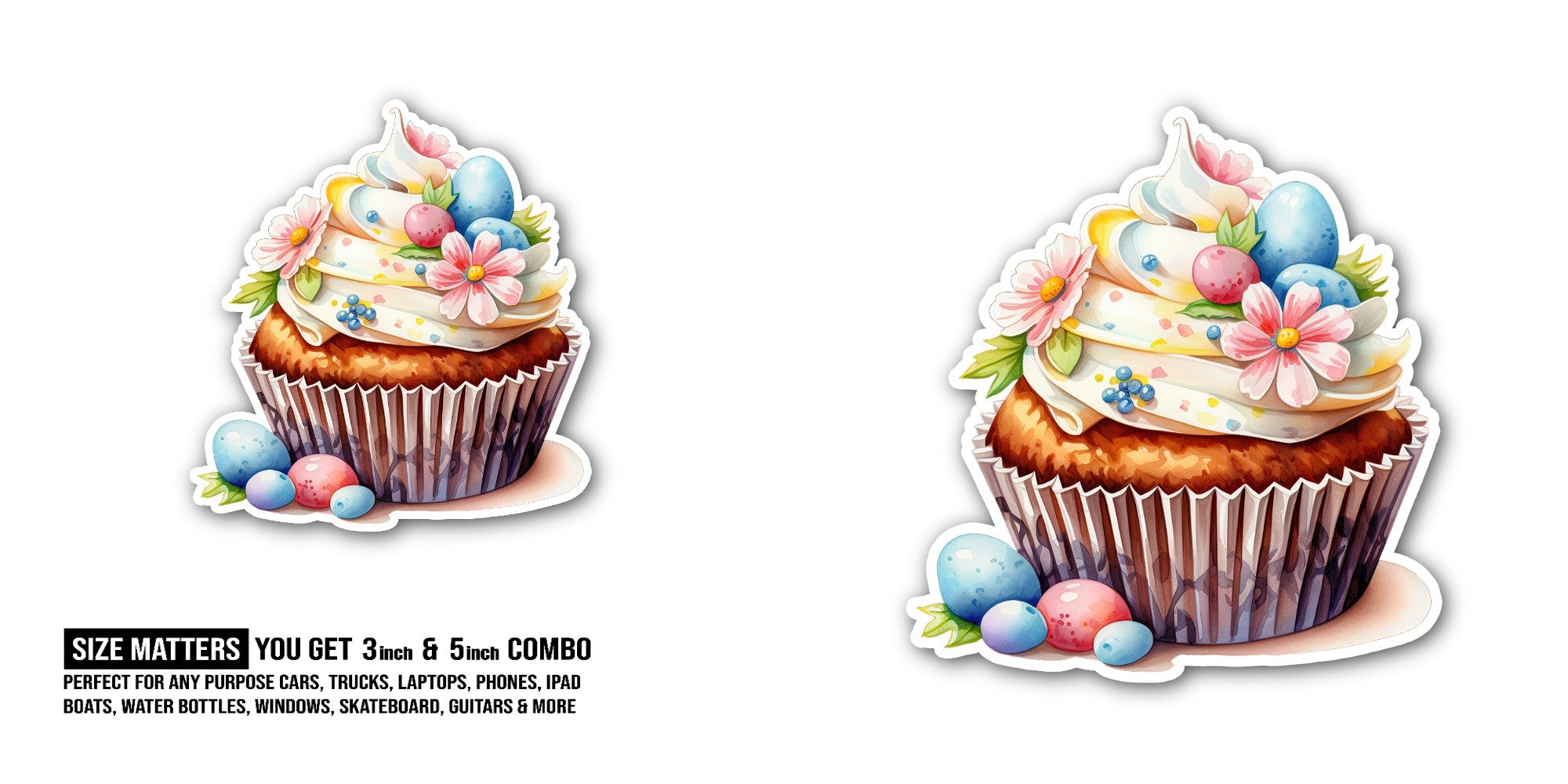 Cupcake decorated for Easter Sticker, Waterproof Vinyl Decal Sticker Indoor Or Outdoor 2 (Pieces) 3" and 5"