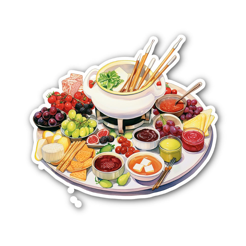 CHEESE HOT POT & FRUIT PLATE Sticker, Waterproof Vinyl Decal Sticker Indoor Or Outdoor 2 (Pieces) 3" and 5"
