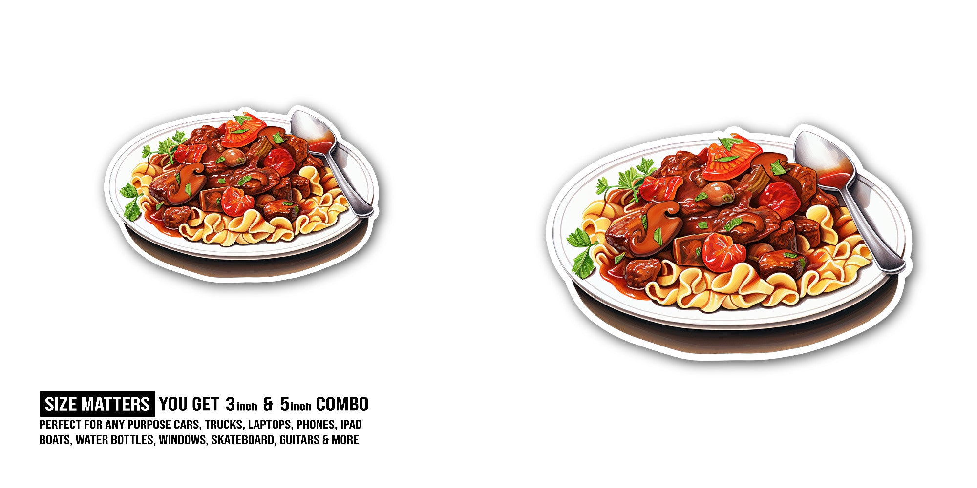 Beef Stroganoff Sticker, Waterproof Vinyl Decal Sticker Indoor Or Outdoor 2 (Pieces) 3" and 5"