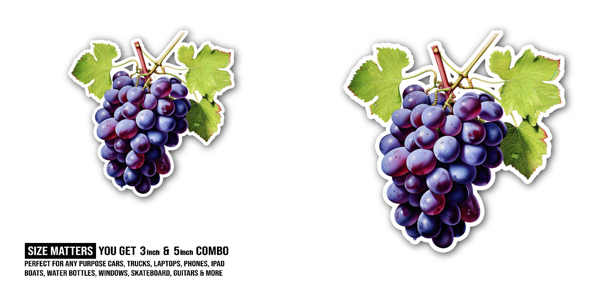 grapes Sticker, Waterproof Vinyl Decal Sticker Indoor Or Outdoor 2 (Pieces) 3" and 5"