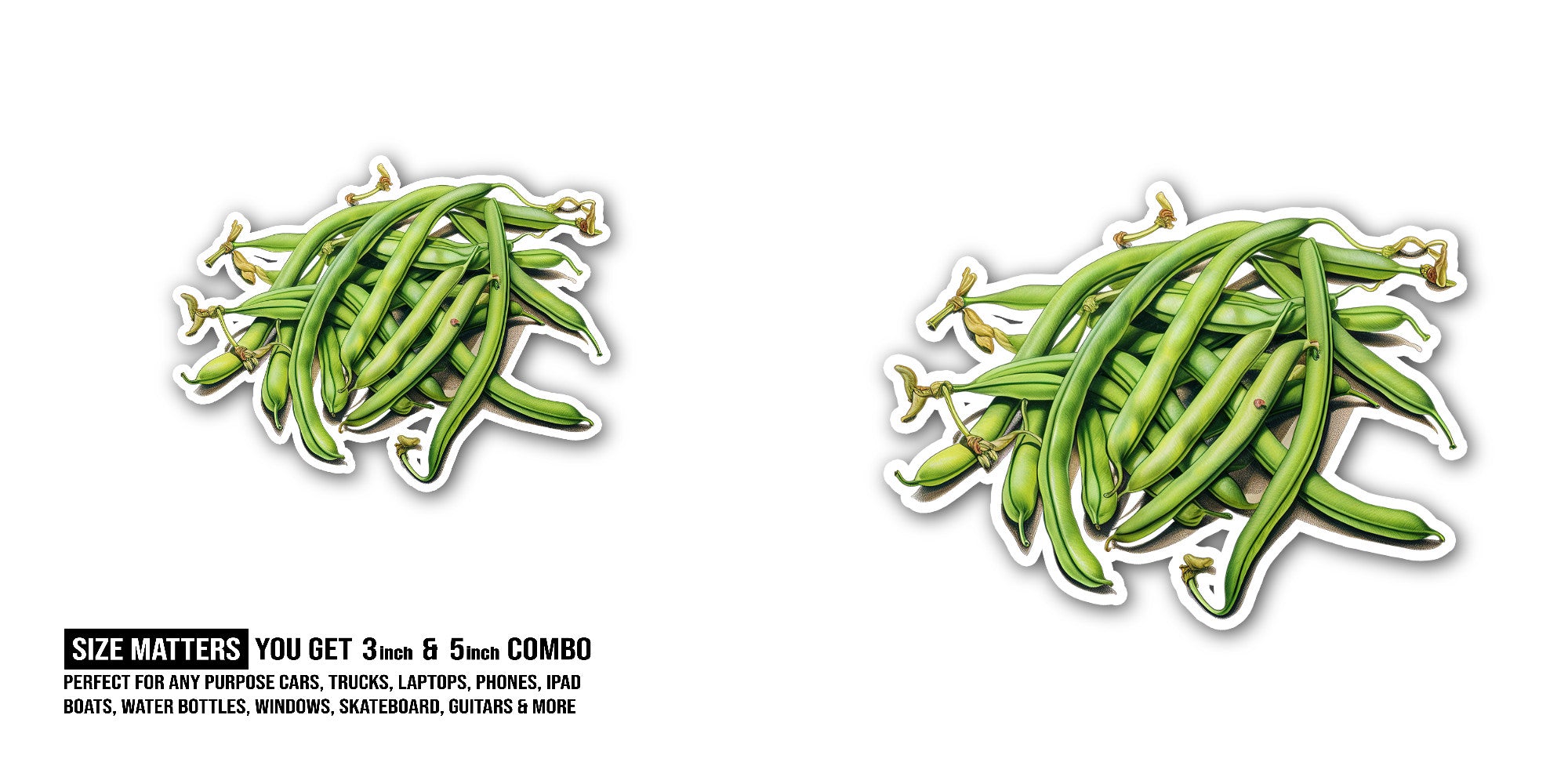 Green beans Sticker, Waterproof Vinyl Decal Sticker Indoor Or Outdoor 2 (Pieces) 3" and 5"