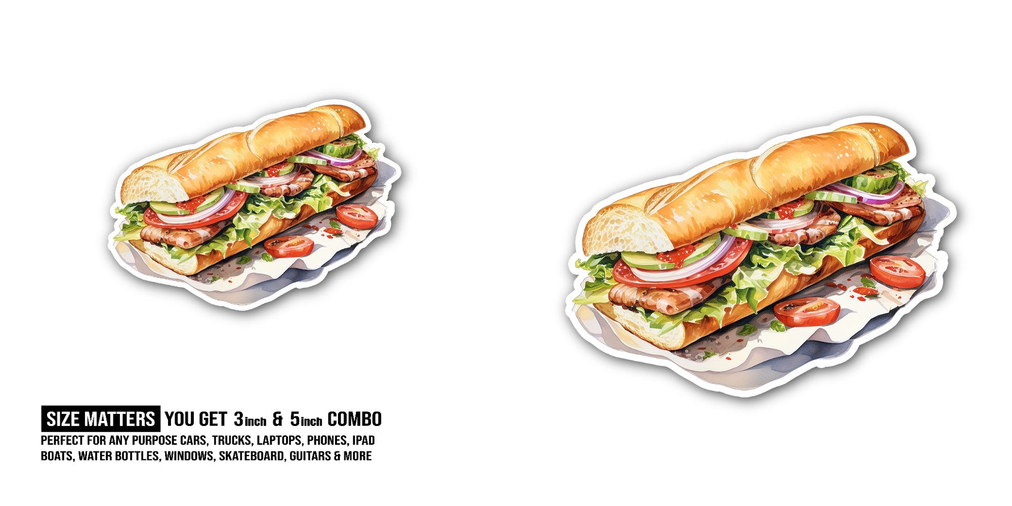 Baguette Sandwich Sticker, Waterproof Vinyl Decal Sticker Indoor Or Outdoor 2 (Pieces) 3" and 5"