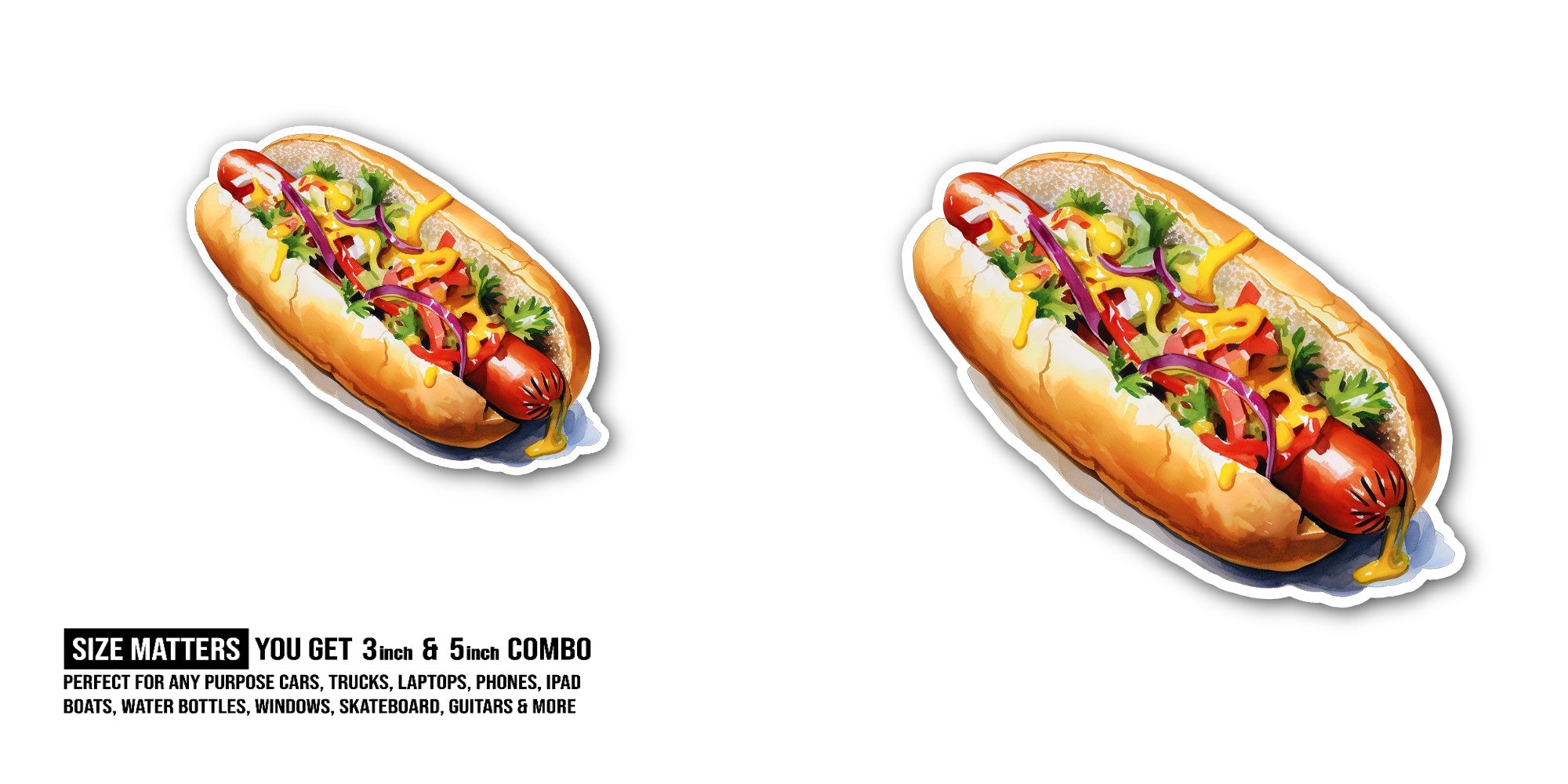 Hot dog Sticker, Waterproof Vinyl Decal Sticker Indoor Or Outdoor 2 (Pieces) 3" and 5"