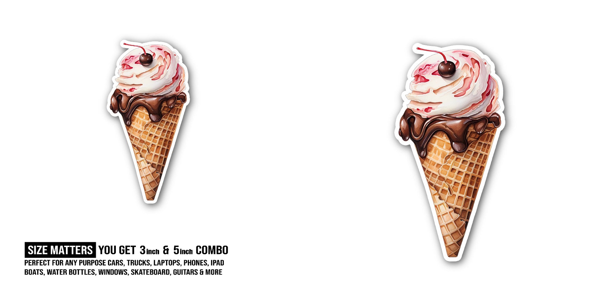 Chocolate ice cream cone Sticker, Waterproof Vinyl Decal Sticker Indoor Or Outdoor 2 (Pieces) 3" and 5"