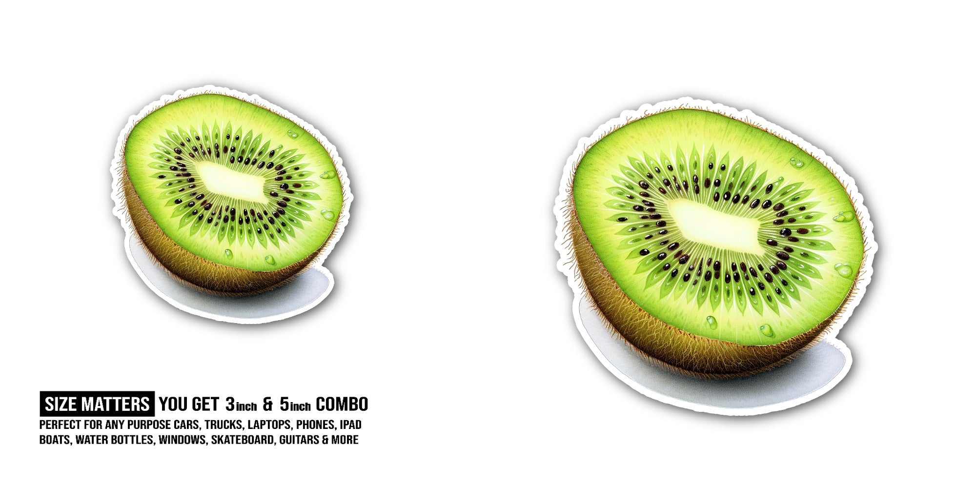 Kiwi Sticker, Waterproof Vinyl Decal Sticker Indoor Or Outdoor 2 (Pieces) 3" and 5"