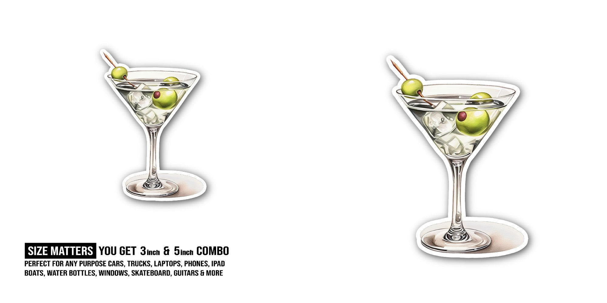 Martini Cocktail Sticker, Waterproof Vinyl Decal Sticker Indoor Or Outdoor 2 (Pieces) 3" and 5"