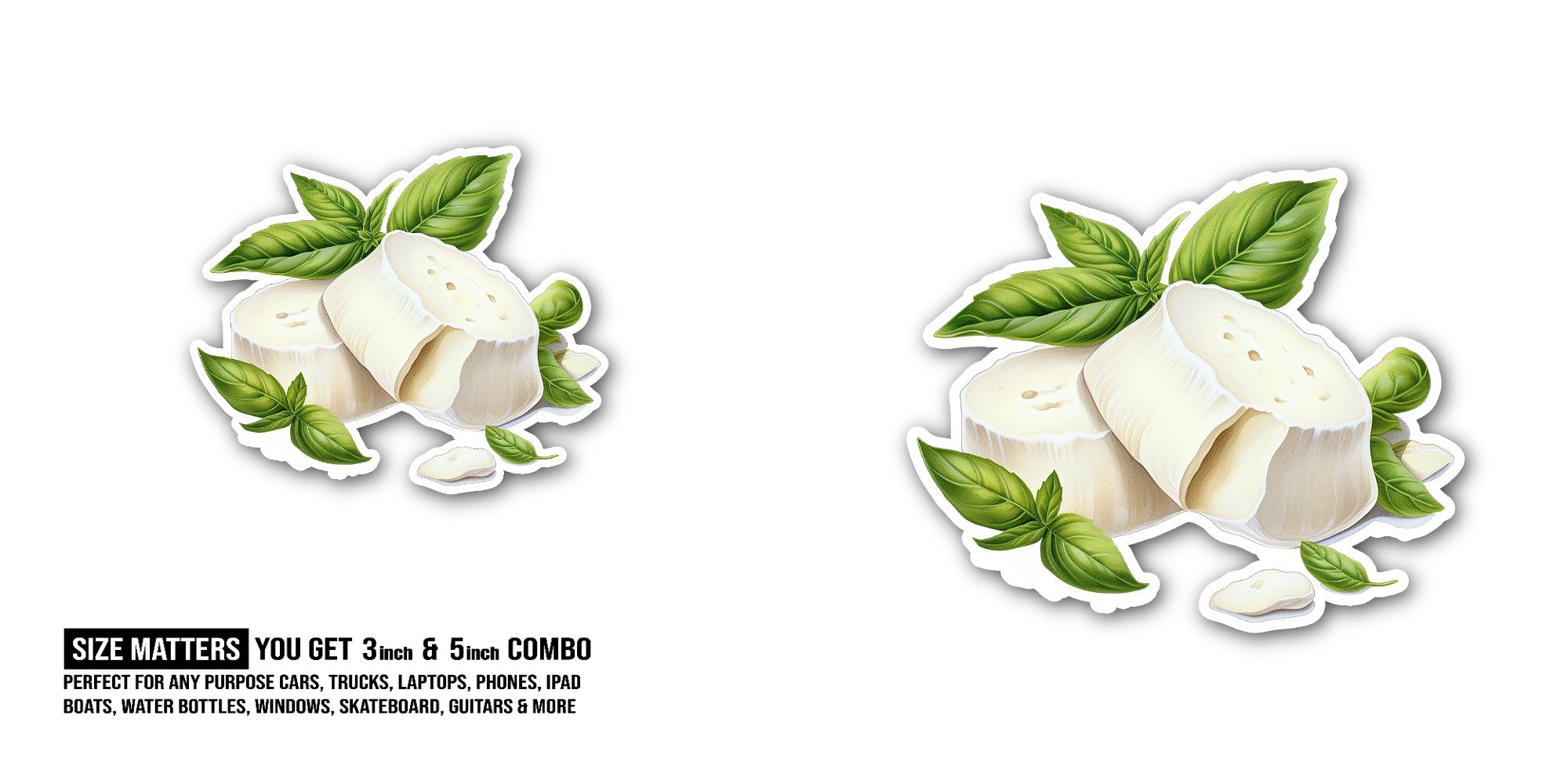 Mozzarella cheese basil Sticker, Waterproof Vinyl Decal Sticker Indoor Or Outdoor 2 (Pieces) 3" and 5"