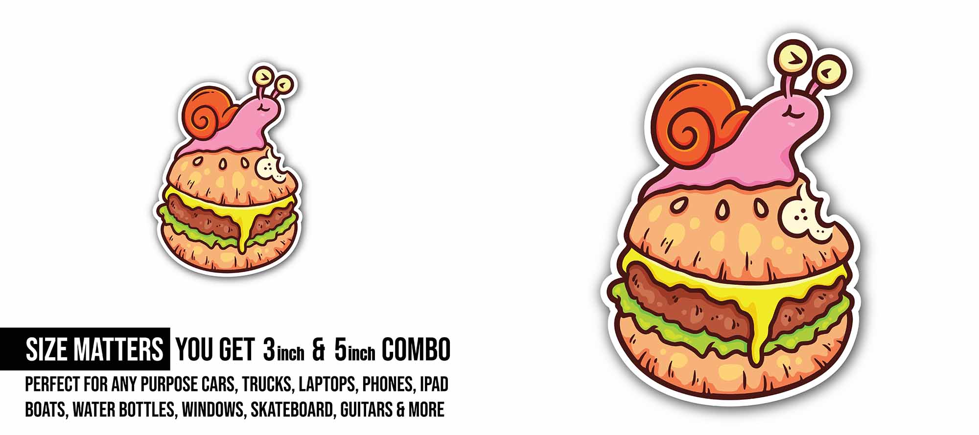 Snail Eat Burger Sticker, Waterproof Vinyl Decal Sticker Indoor Or Outdoor 2 (Pieces) 3" and 5"