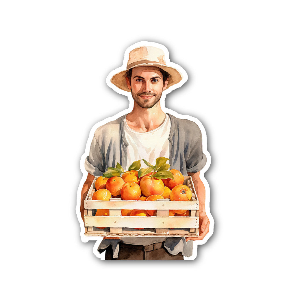 Man holding a crate of oranges Sticker, Waterproof Vinyl Decal Sticker Indoor Or Outdoor 2 (Pieces) 3" and 5"